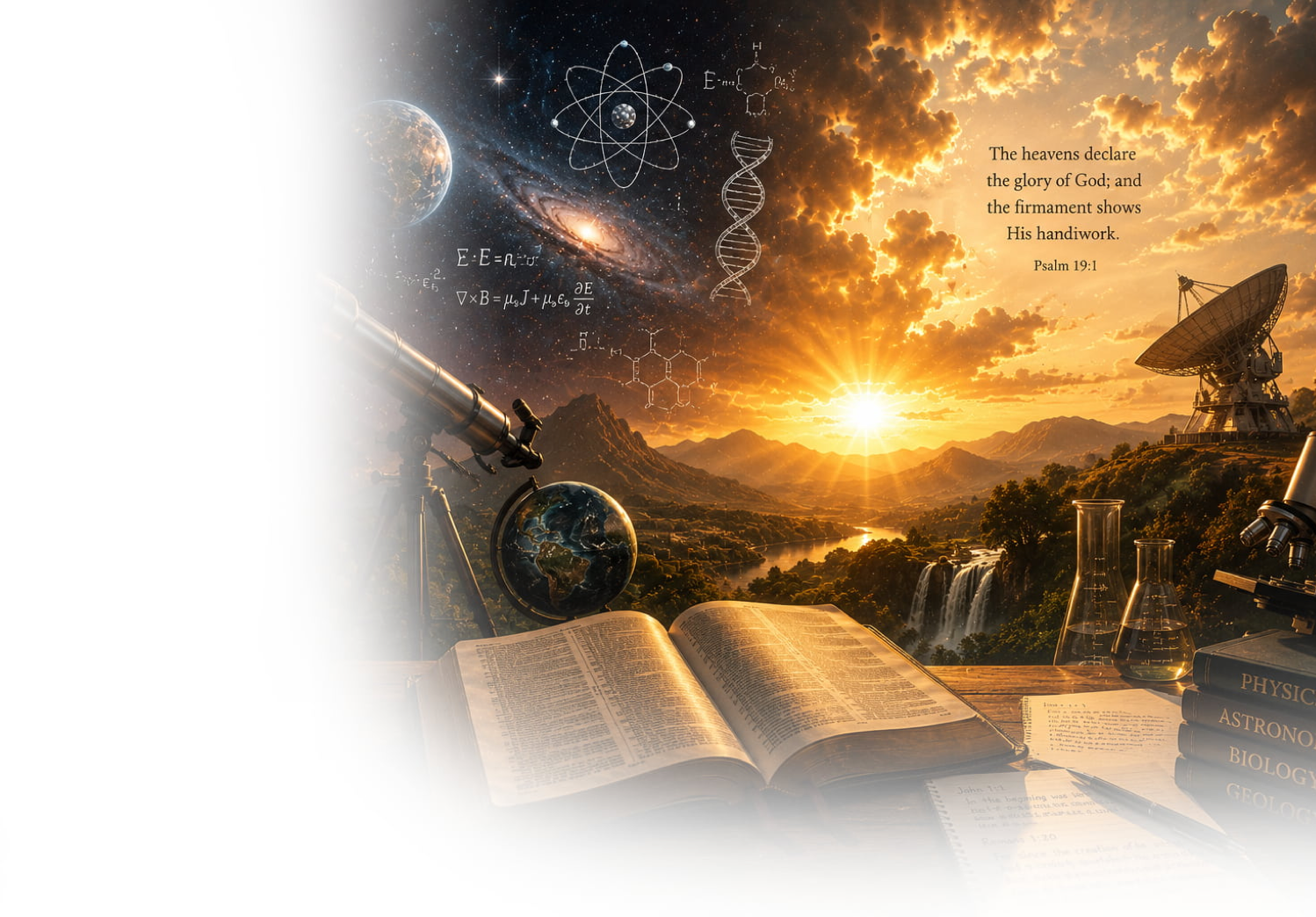 Header image exploring the relationship between modern science and the Bible, including questions about creation, the universe, the origin of life, and the compatibility between Christian faith and scientific discoveries.