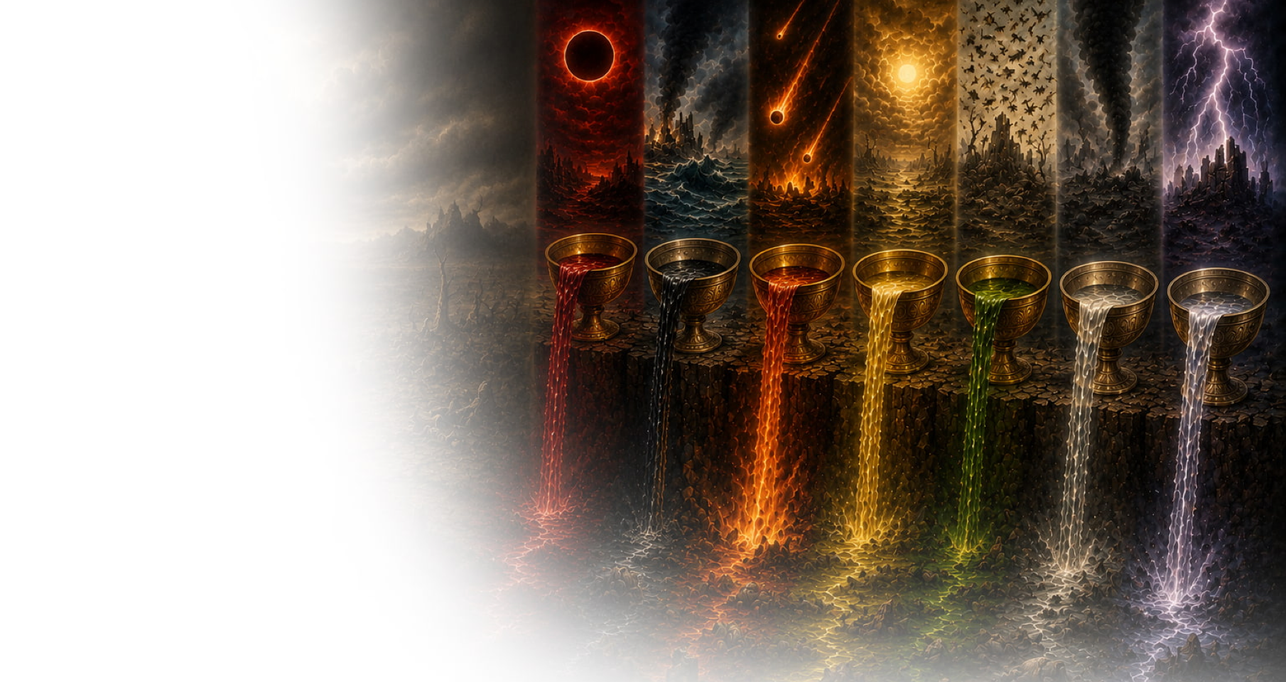 Image de couverture expliquant les sept coupes de la colère de Dieu décrites dans le livre de l’Apocalypse, leur signification prophétique et leur place dans les événements de la fin des temps.
