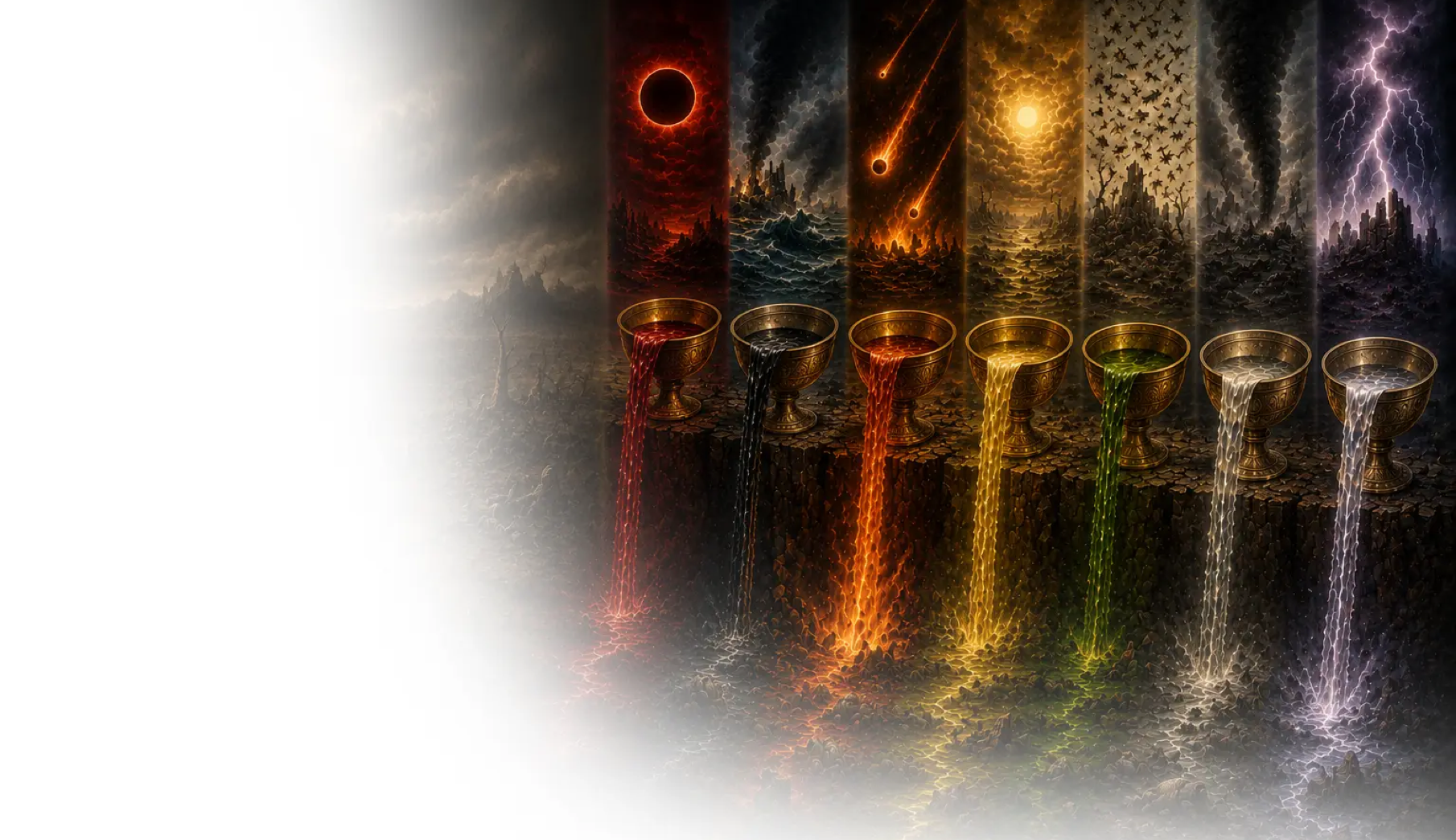 Image de couverture expliquant les sept coupes de la colère de Dieu décrites dans le livre de l’Apocalypse, leur signification prophétique et leur place dans les événements de la fin des temps.