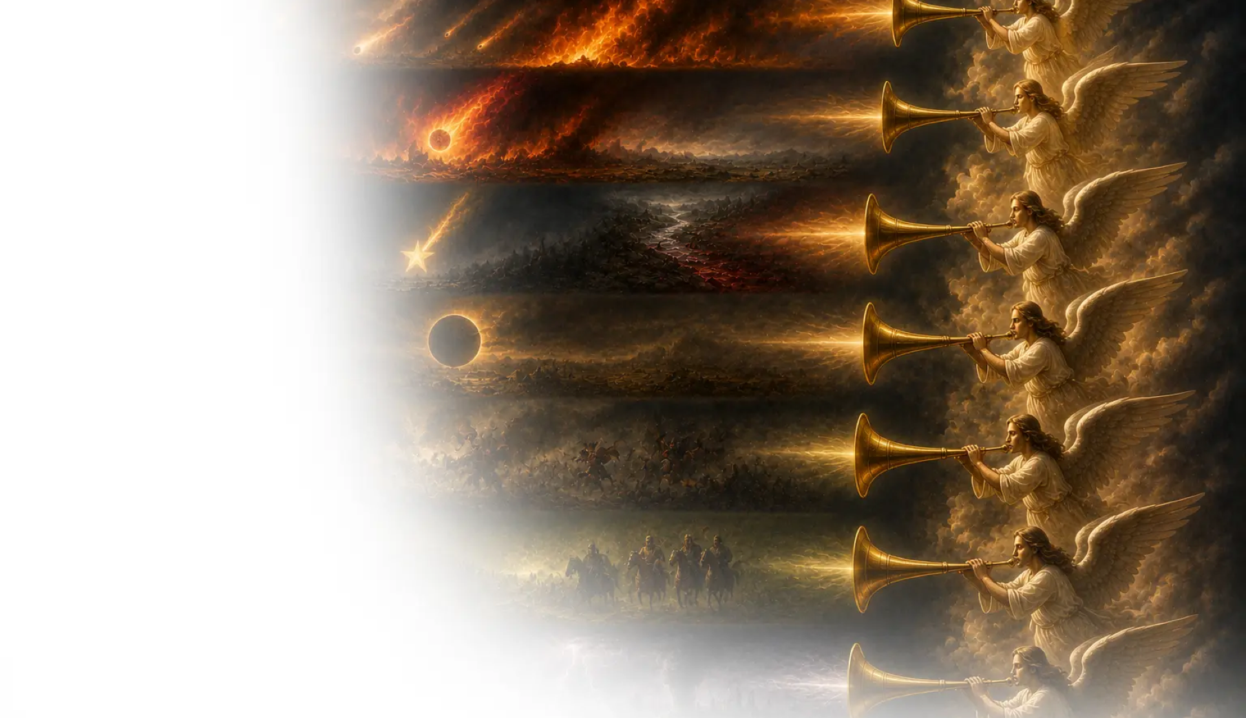 Image de couverture expliquant les sept trompettes décrites dans le livre de l’Apocalypse, leur signification prophétique et les jugements qu’elles annoncent dans les derniers temps.