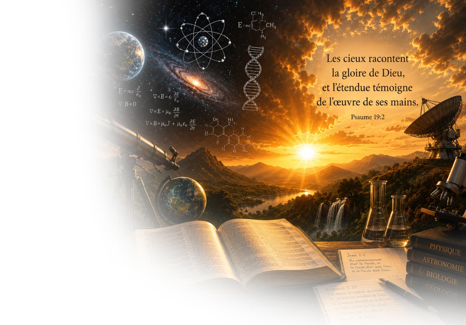 Image de couverture explorant la relation entre la science moderne et la Bible, les questions liées à la création, à l'univers, à l'origine de la vie et à la compatibilité entre foi chrétienne et découvertes scientifiques.