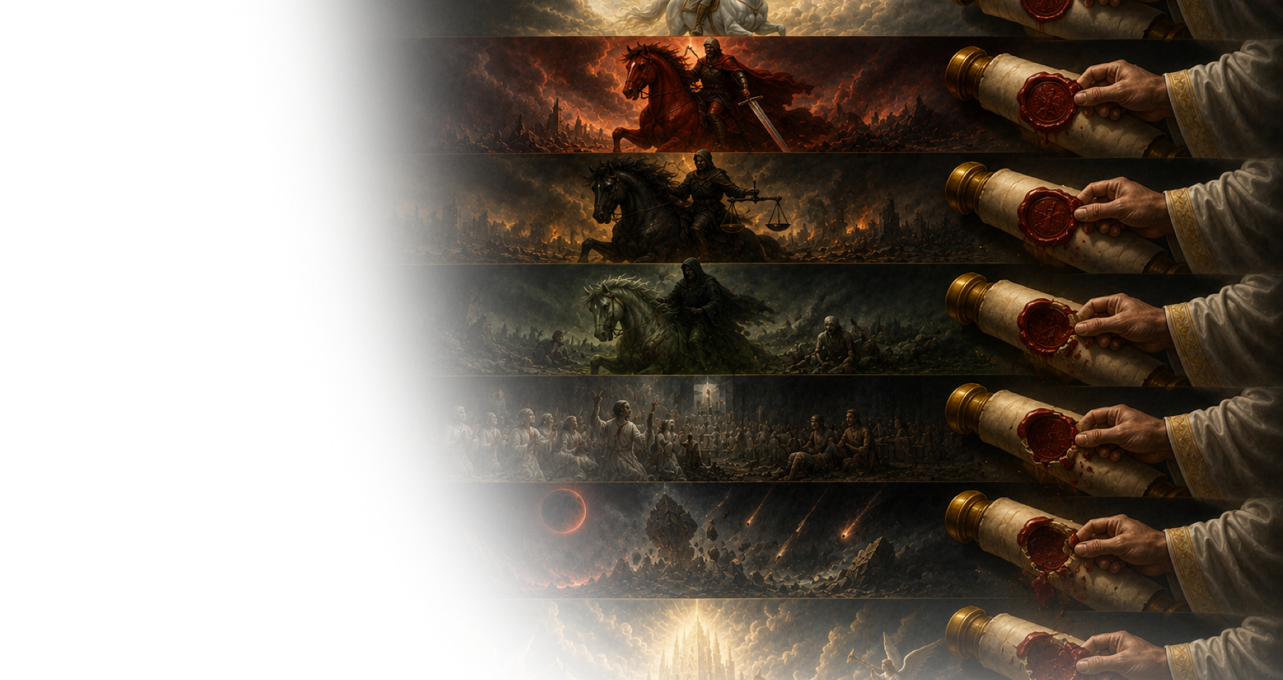 Image de couverture expliquant les sept sceaux décrits dans le livre de l’Apocalypse, leur signification prophétique et leur place dans la chronologie de la fin des temps.