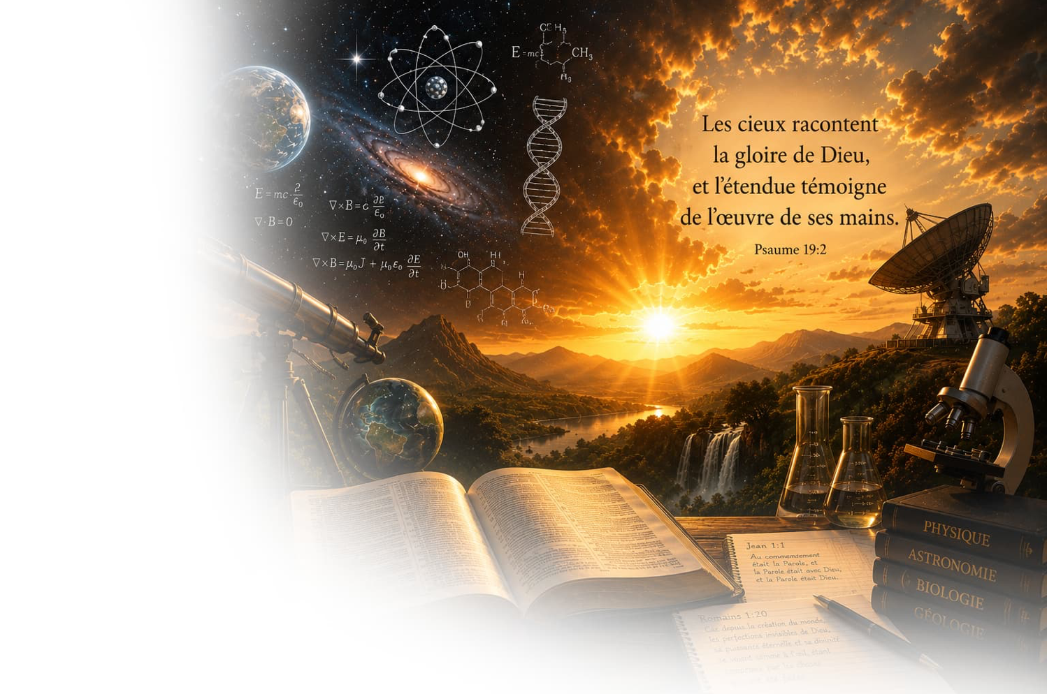 Image de couverture explorant la relation entre la science moderne et la Bible, les questions liées à la création, à l'univers, à l'origine de la vie et à la compatibilité entre foi chrétienne et découvertes scientifiques.