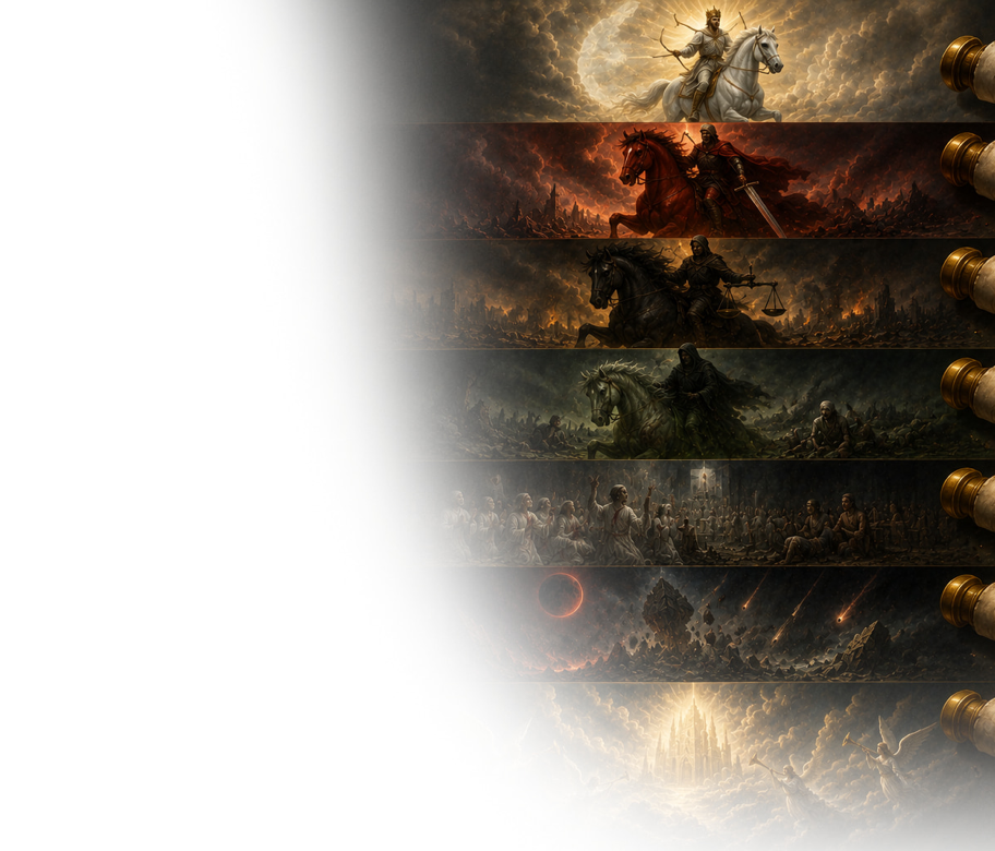 Image de couverture expliquant les sept sceaux décrits dans le livre de l’Apocalypse, leur signification prophétique et leur place dans les événements de la fin des temps.