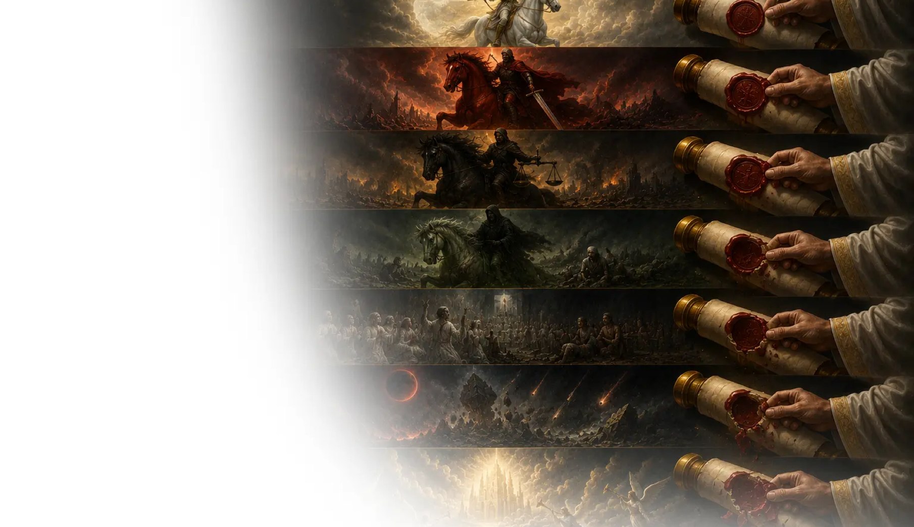 Image de couverture expliquant les sept sceaux décrits dans le livre de l’Apocalypse, leur signification prophétique et leur place dans la chronologie de la fin des temps.