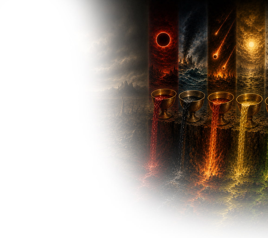 Image de couverture expliquant les sept coupes de la colère de Dieu décrites dans le livre de l’Apocalypse et leur place dans les événements de la fin des temps.